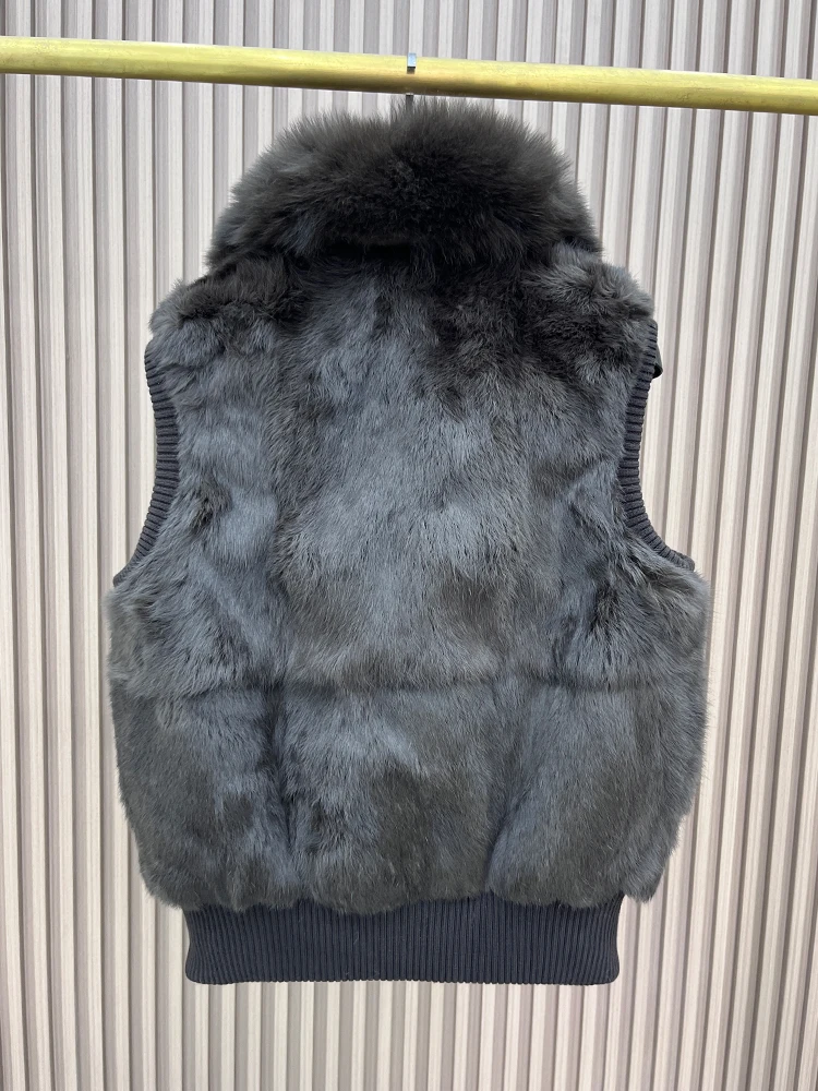 Women's Genuine Real Rabbit Fur Vest Coat Knitting Winter Fox Fur Collar Fur Jacket Casual Short Outwear Slim with Zipper