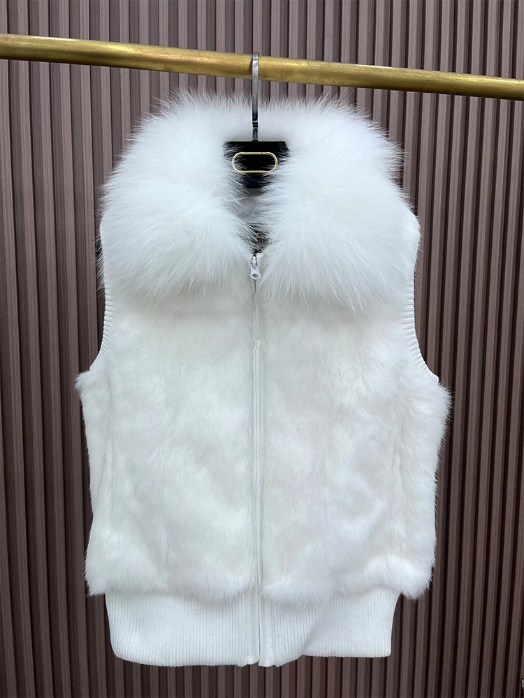 Women's Genuine Real Rabbit Fur Vest Coat Knitting Winter Fox Fur Collar Fur Jacket Casual Short Outwear Slim with Zipper