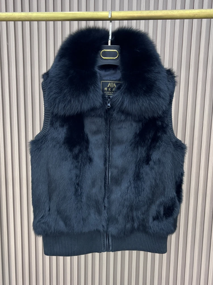 Women's Genuine Real Rabbit Fur Vest Coat Knitting Winter Fox Fur Collar Fur Jacket Casual Short Outwear Slim with Zipper