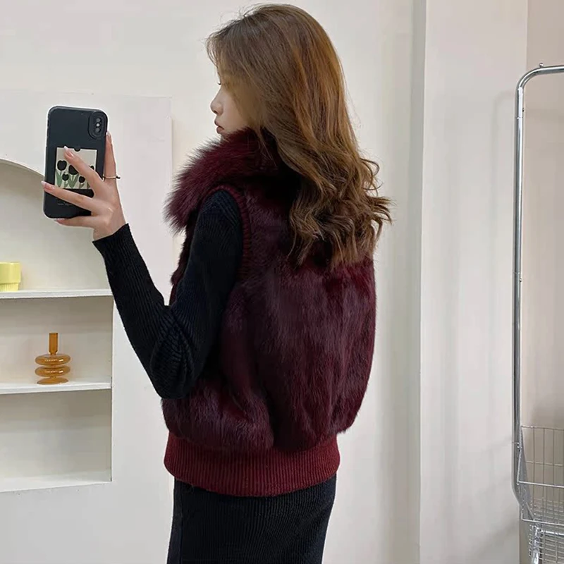 Women's Genuine Real Rabbit Fur Vest Coat Knitting Winter Fox Fur Collar Fur Jacket Casual Short Outwear Slim with Zipper