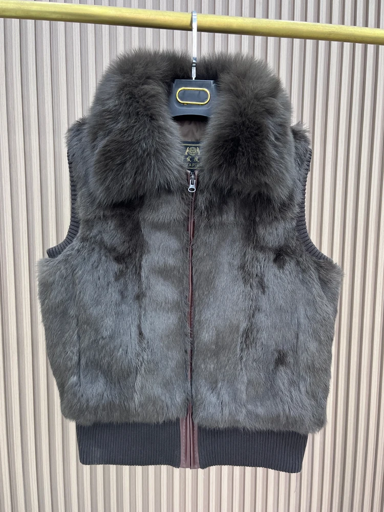Women's Genuine Real Rabbit Fur Vest Coat Knitting Winter Fox Fur Collar Fur Jacket Casual Short Outwear Slim with Zipper