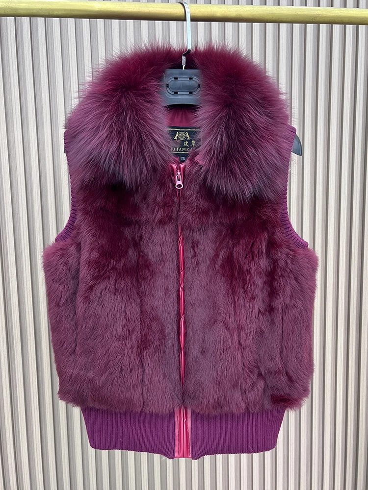 Women's Genuine Real Rabbit Fur Vest Coat Knitting Winter Fox Fur Collar Fur Jacket Casual Short Outwear Slim with Zipper
