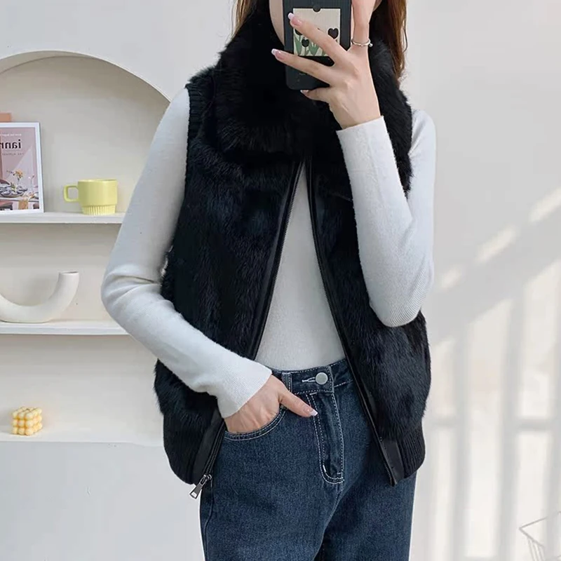 Women's Genuine Real Rabbit Fur Vest Coat Knitting Winter Fox Fur Collar Fur Jacket Casual Short Outwear Slim with Zipper