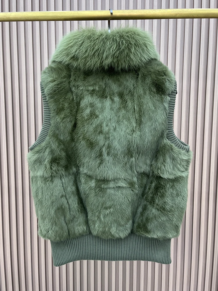 Women's Genuine Real Rabbit Fur Vest Coat Knitting Winter Fox Fur Collar Fur Jacket Casual Short Outwear Slim with Zipper