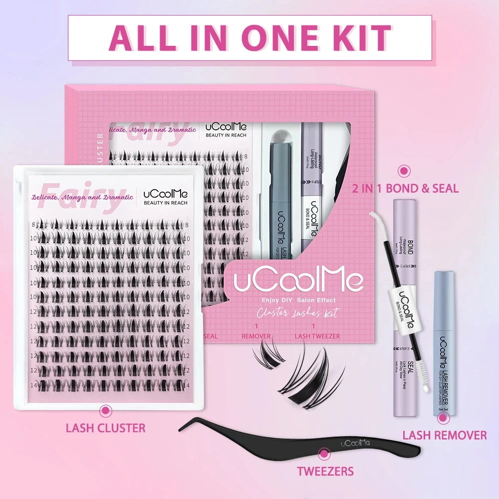 uCoolMe Lashes Short Fairy Venus Flora 8-14mm Lashes Cluster with Lash Glue Tweezers DIY Long Lasting Waterproof Lash Extension