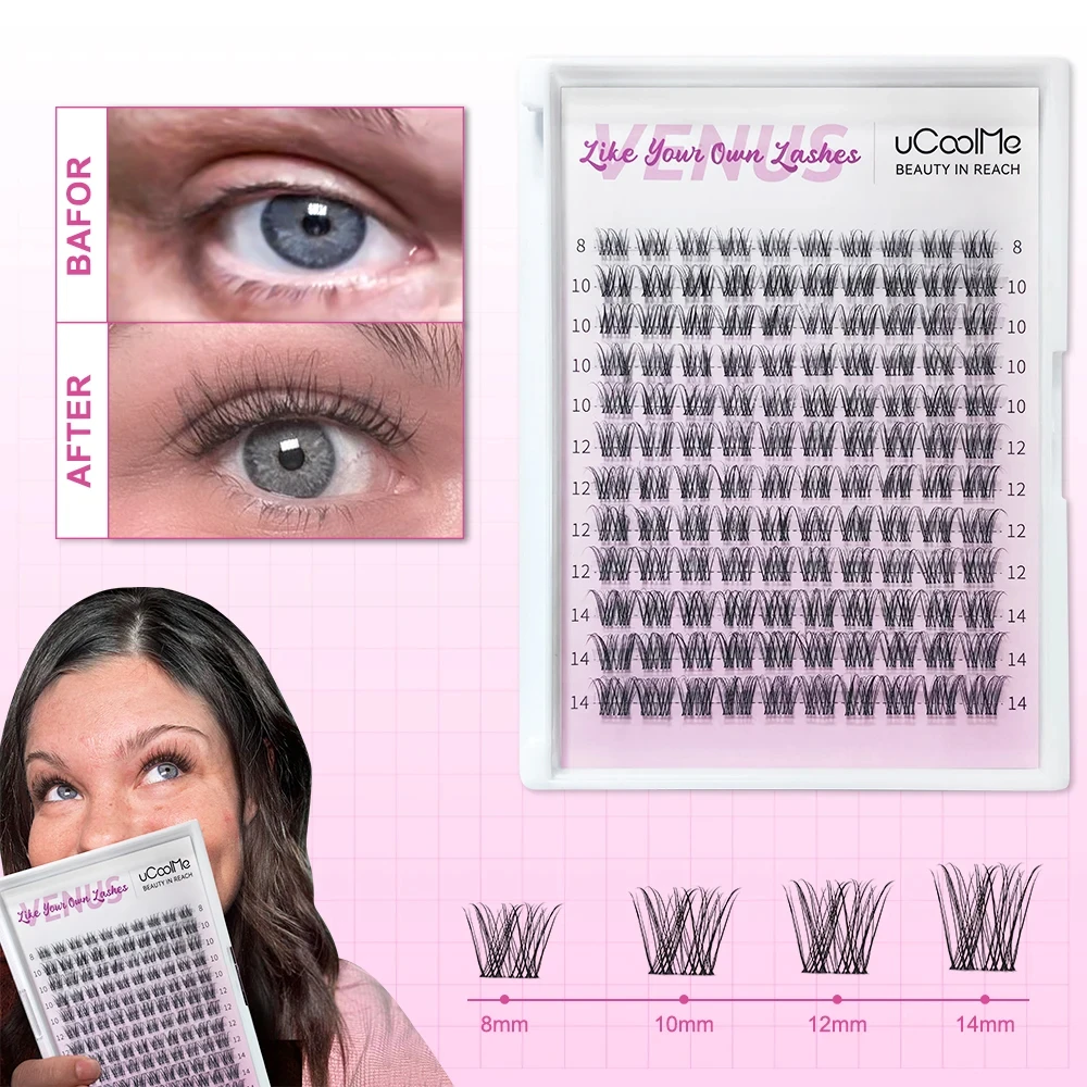 uCoolMe Lashes Short Fairy Venus Flora 8-14mm Lashes Cluster with Lash Glue Tweezers DIY Long Lasting Waterproof Lash Extension