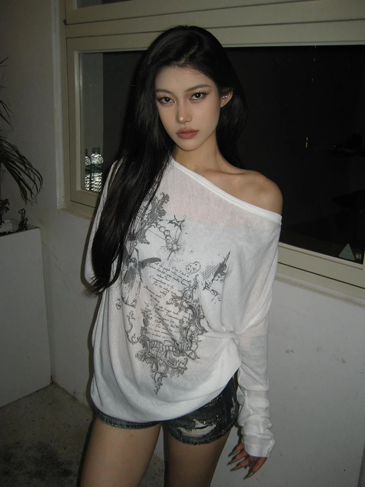 Yedinas Korean Fashion Graphic Tees Slightly Transparent T Shirt Women Clothing Long Sleeve Loose T-shirt Streetwear Spring Tops