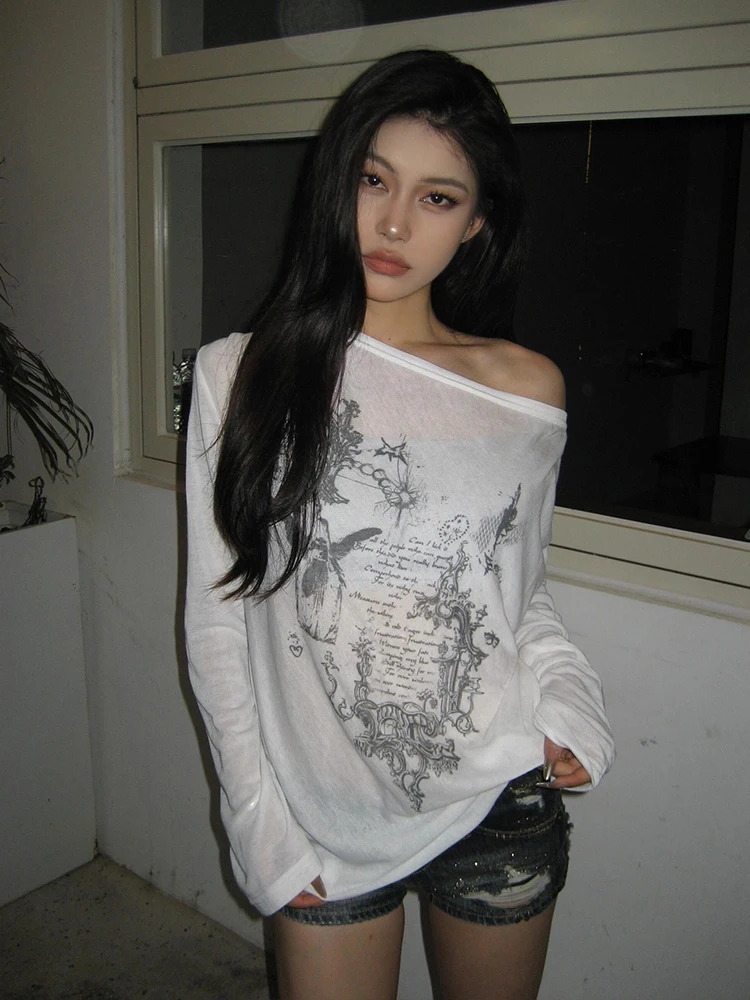 Yedinas Korean Fashion Graphic Tees Slightly Transparent T Shirt Women Clothing Long Sleeve Loose T-shirt Streetwear Spring Tops