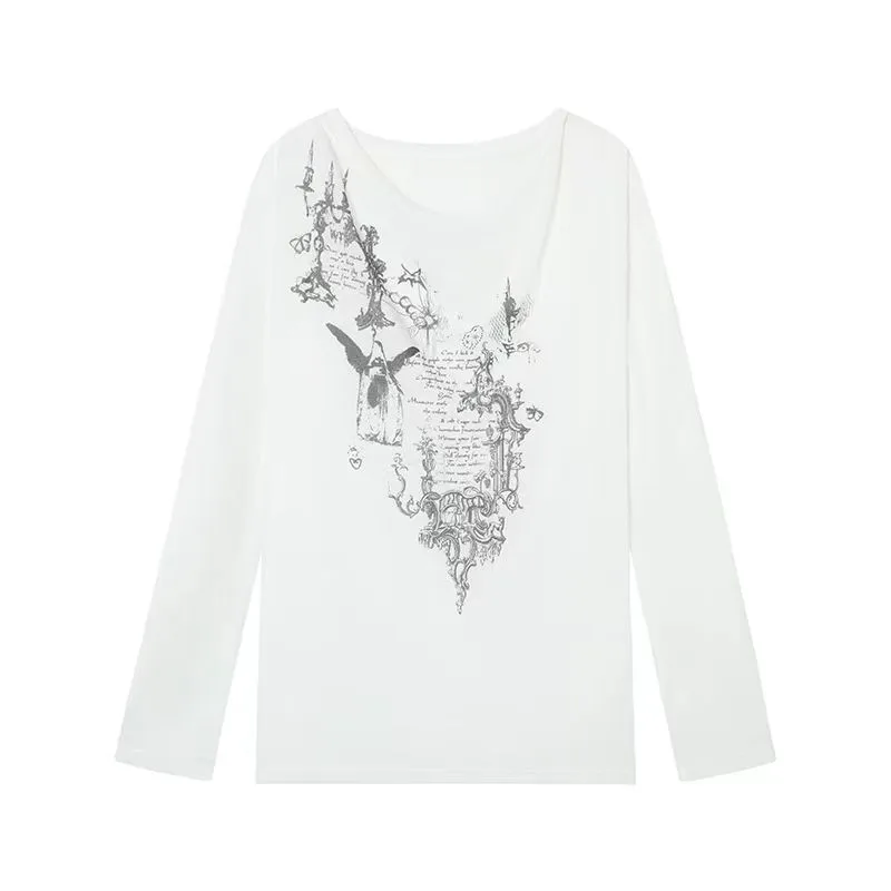 Yedinas Korean Fashion Graphic Tees Slightly Transparent T Shirt Women Clothing Long Sleeve Loose T-shirt Streetwear Spring Tops