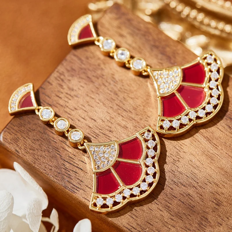 Designer Collection Dinner Party Long Necklace Earrings Inlay Cubic Zircon Carnelian Mother Of Pearl Pendant Jewelry Sets