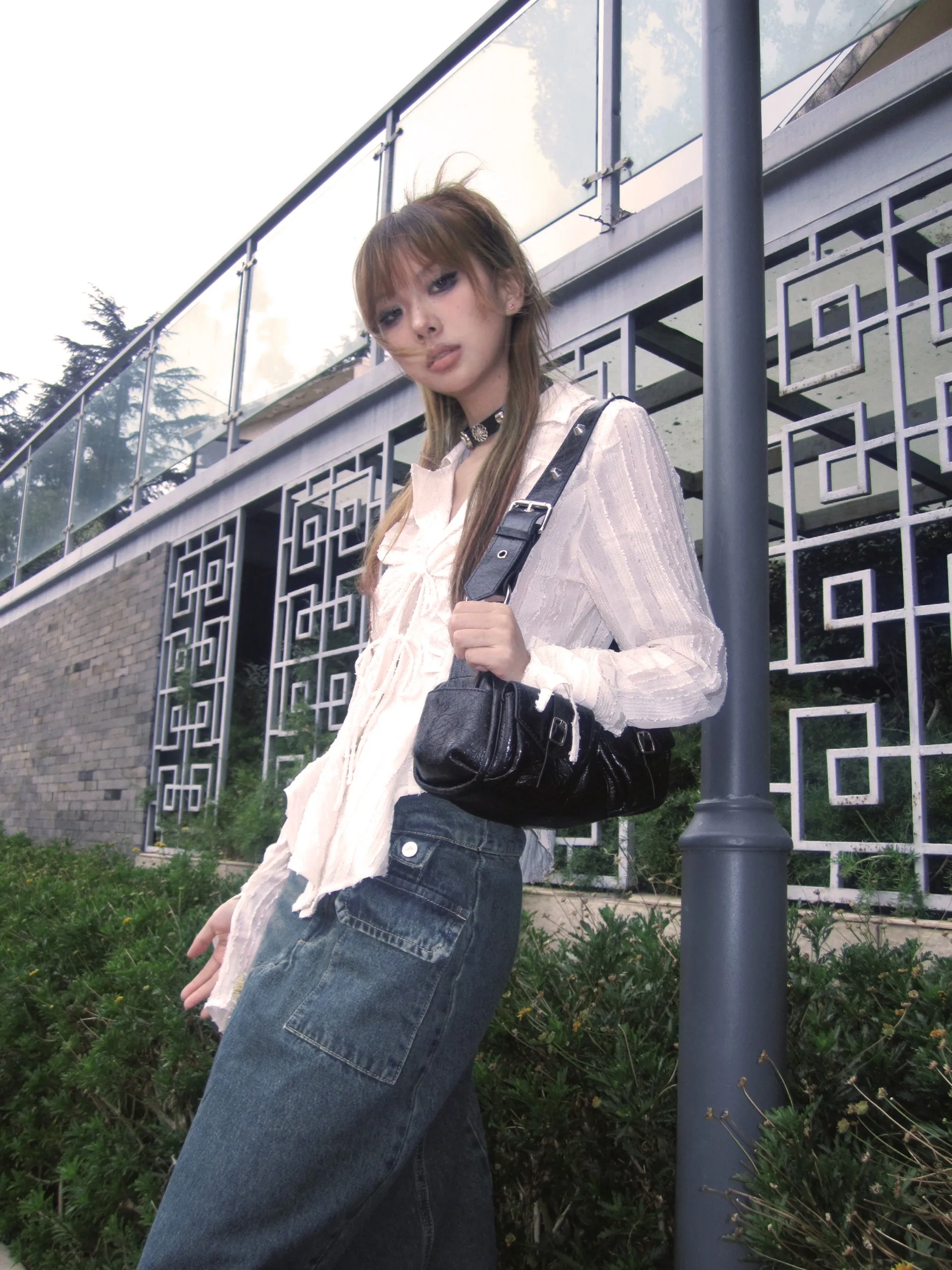 Karrram Y2k Aesthetics Pleated Shirt Fairycore Lace Up Blouse Trashy 2000s Style V-neck Shirt Irregular Japanese Harajuku 90s