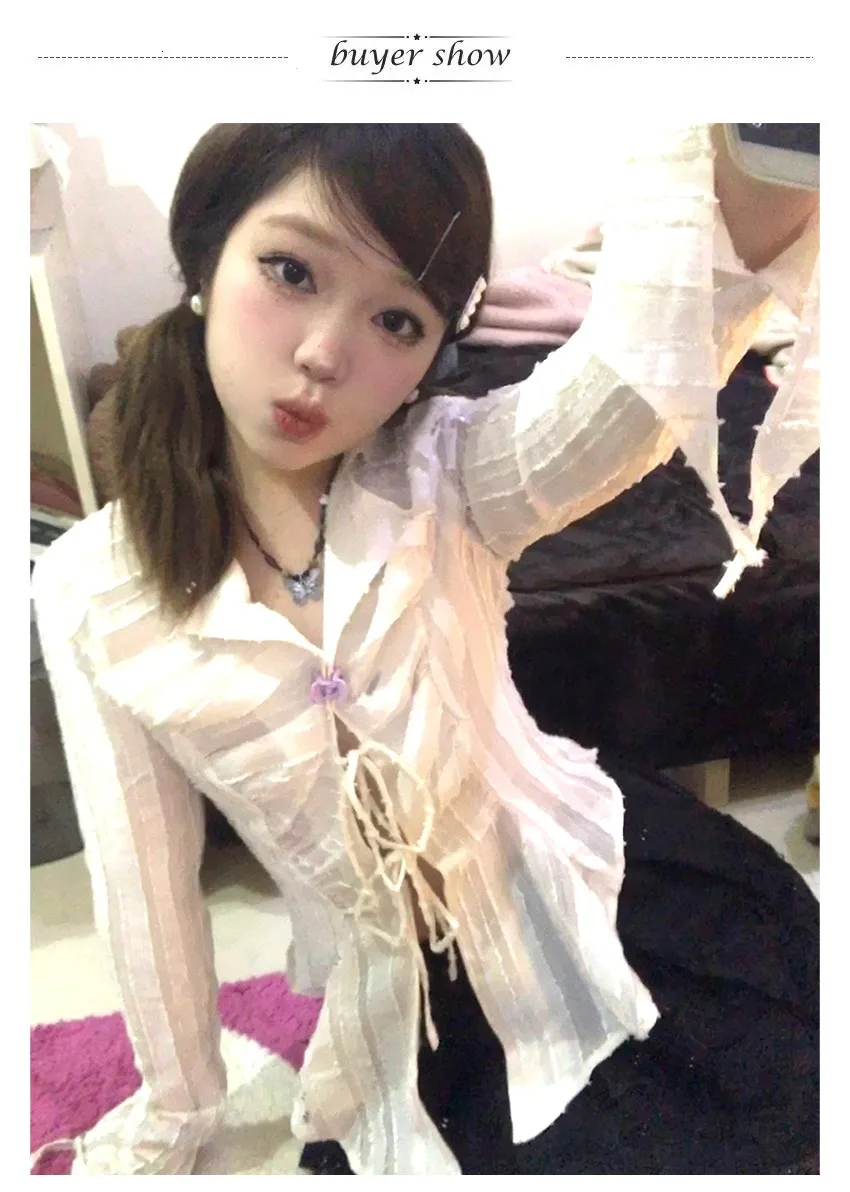 Karrram Y2k Aesthetics Pleated Shirt Fairycore Lace Up Blouse Trashy 2000s Style V-neck Shirt Irregular Japanese Harajuku 90s