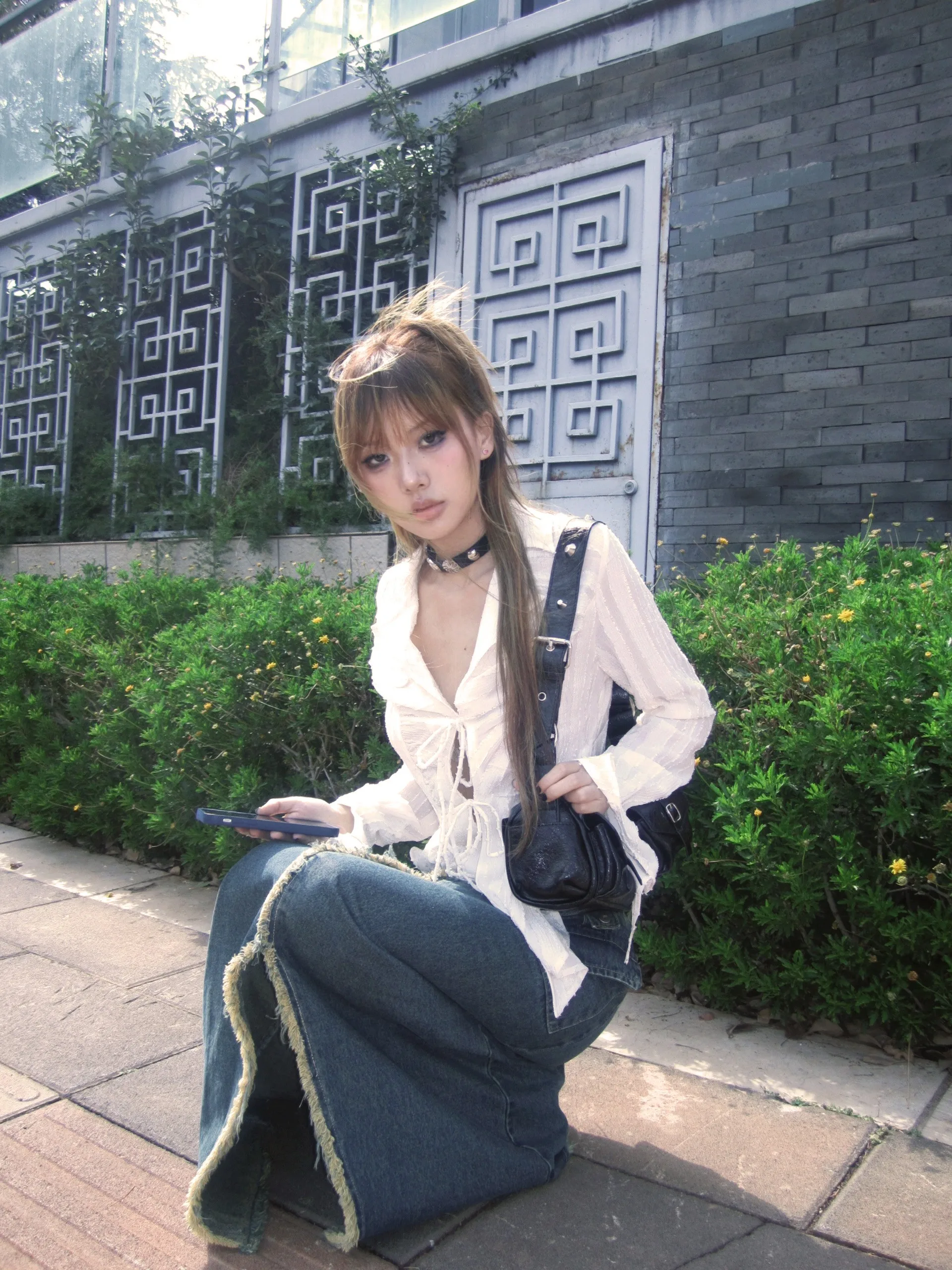 Karrram Y2k Aesthetics Pleated Shirt Fairycore Lace Up Blouse Trashy 2000s Style V-neck Shirt Irregular Japanese Harajuku 90s