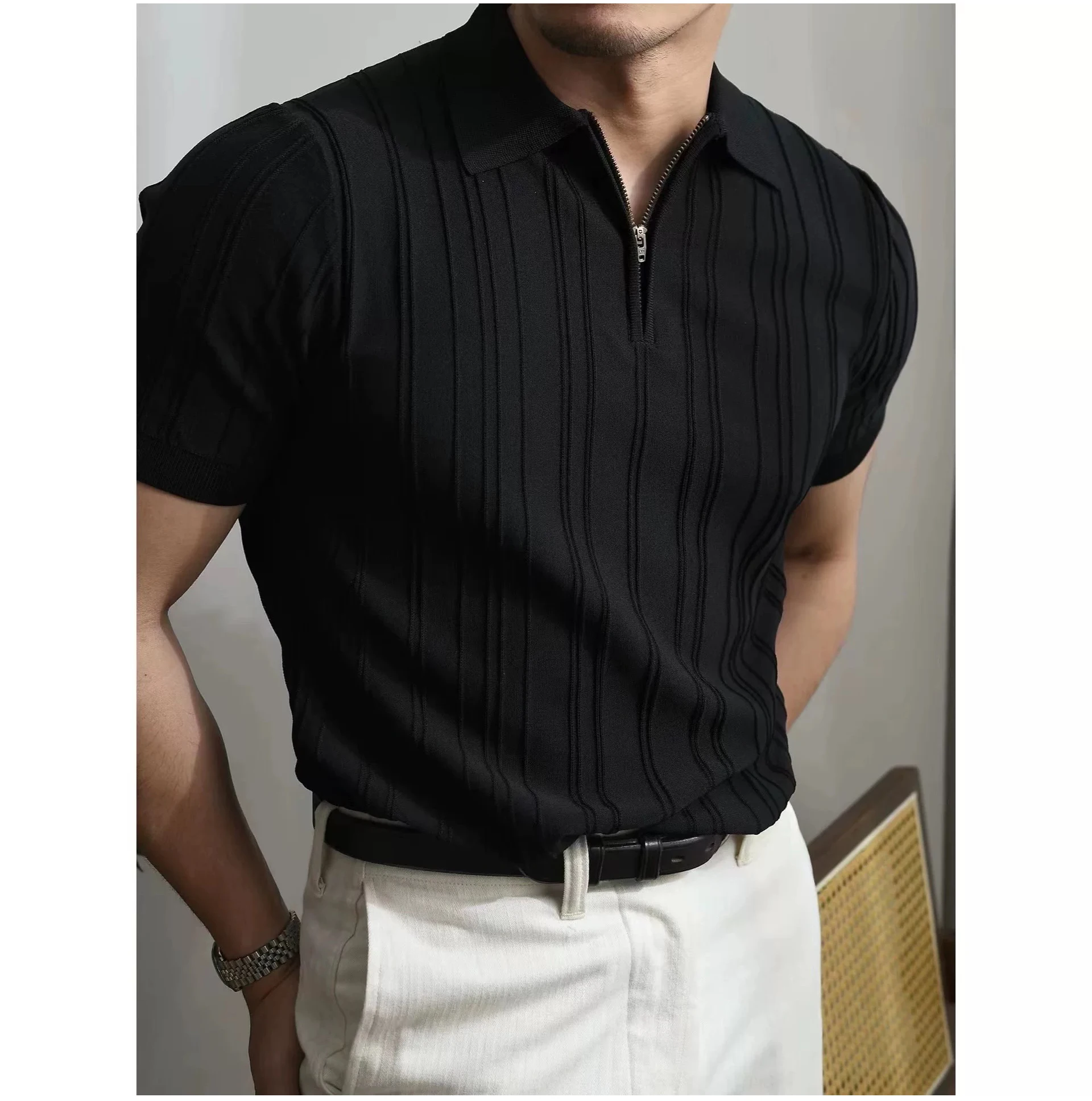 Summer Men's Striped Jacquard Knit Polo Shirt Vintage American Zipper Knitted Short Sleeve T-shirt Men Solid Color Elastic Top