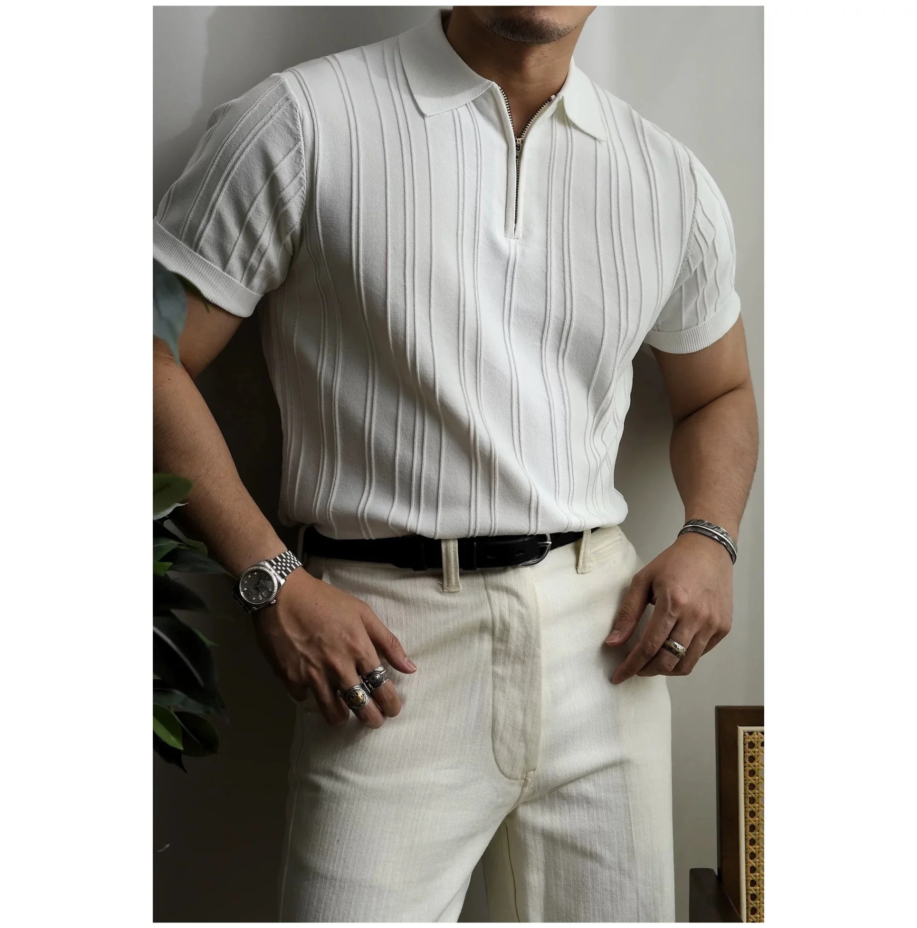 Summer Men's Striped Jacquard Knit Polo Shirt Vintage American Zipper Knitted Short Sleeve T-shirt Men Solid Color Elastic Top