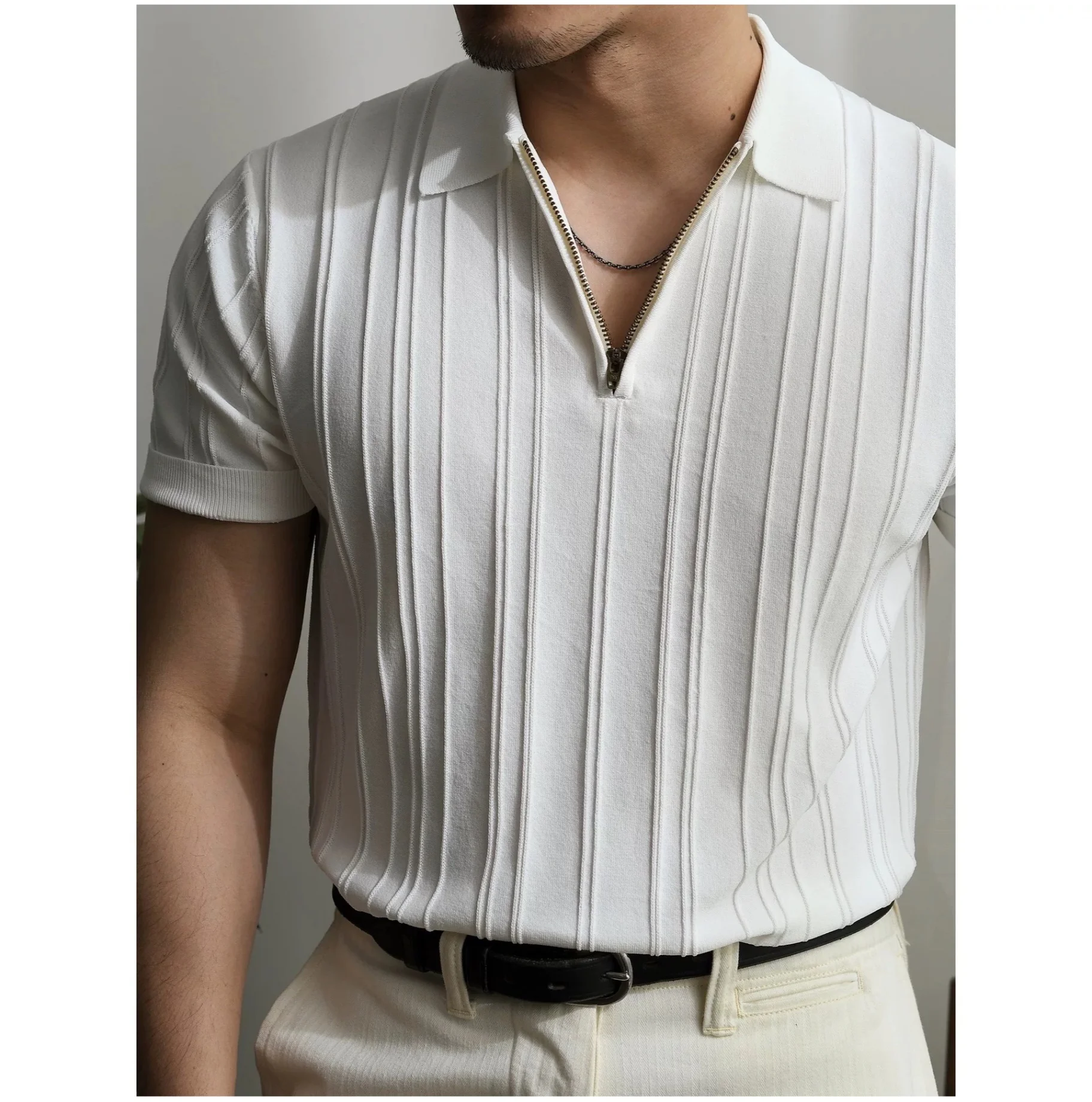 Summer Men's Striped Jacquard Knit Polo Shirt Vintage American Zipper Knitted Short Sleeve T-shirt Men Solid Color Elastic Top