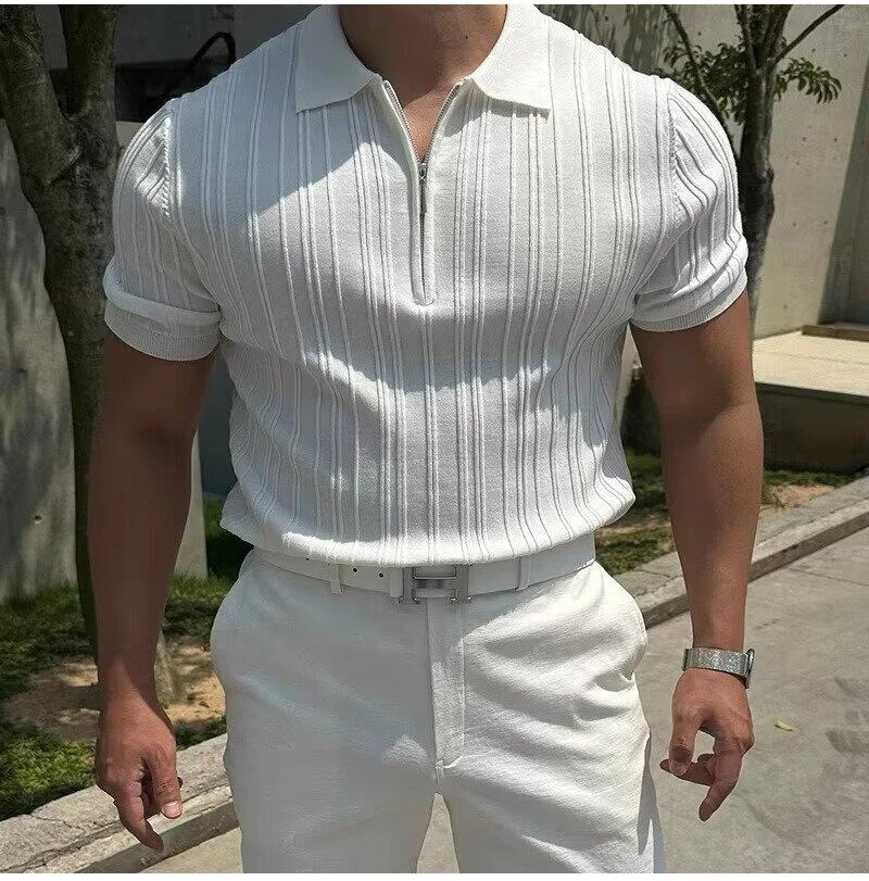 Summer Men's Striped Jacquard Knit Polo Shirt Vintage American Zipper Knitted Short Sleeve T-shirt Men Solid Color Elastic Top