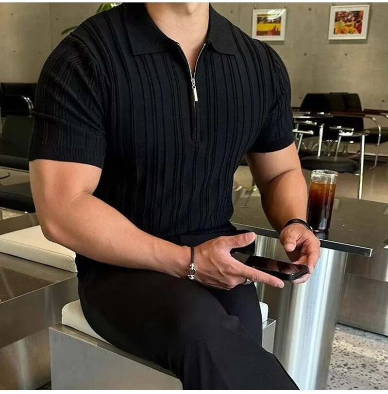 Summer Men's Striped Jacquard Knit Polo Shirt Vintage American Zipper Knitted Short Sleeve T-shirt Men Solid Color Elastic Top