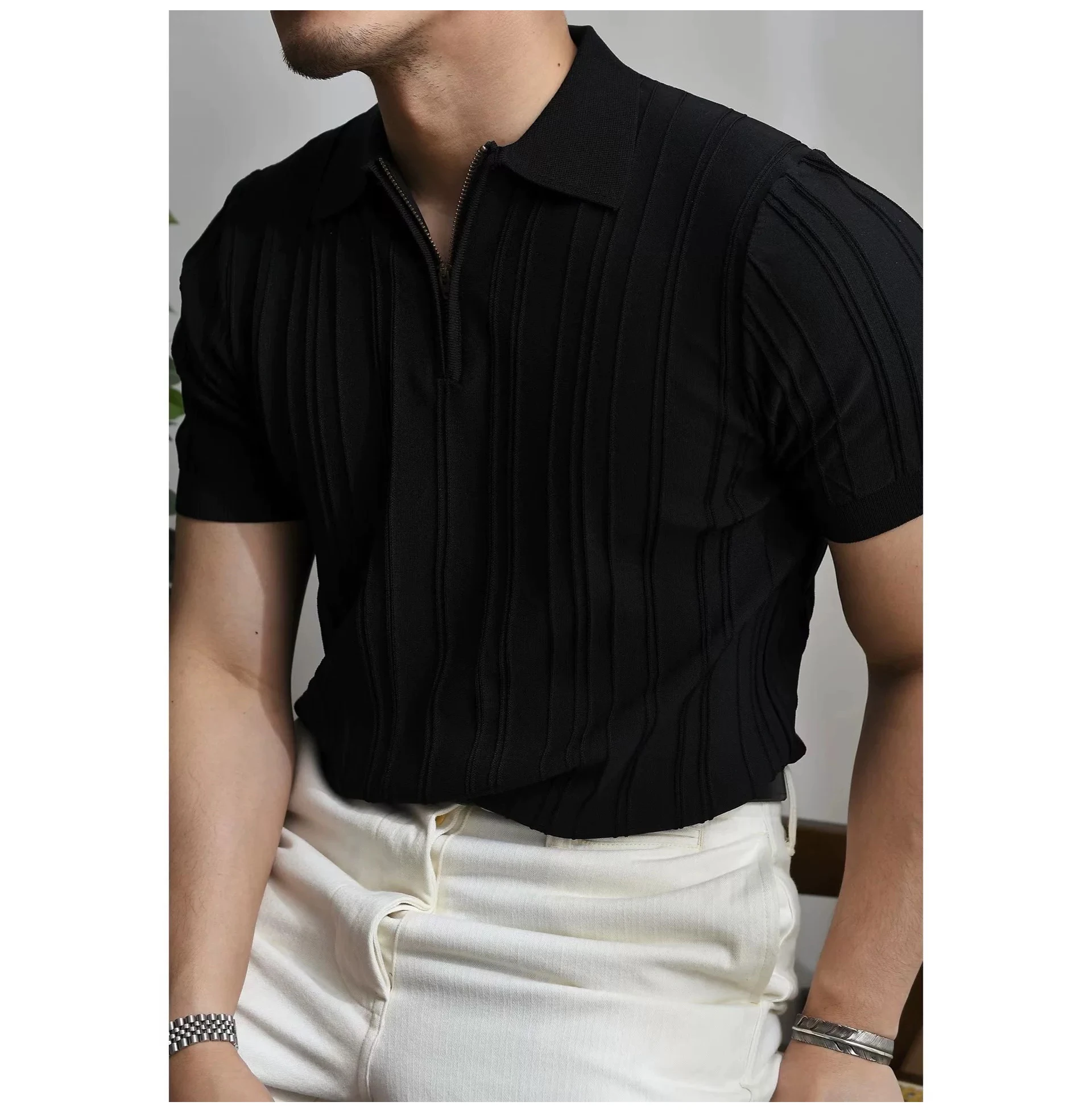 Summer Men's Striped Jacquard Knit Polo Shirt Vintage American Zipper Knitted Short Sleeve T-shirt Men Solid Color Elastic Top