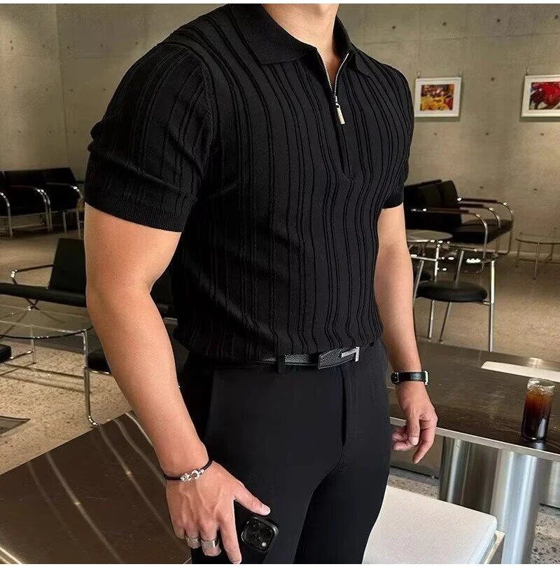 Summer Men's Striped Jacquard Knit Polo Shirt Vintage American Zipper Knitted Short Sleeve T-shirt Men Solid Color Elastic Top