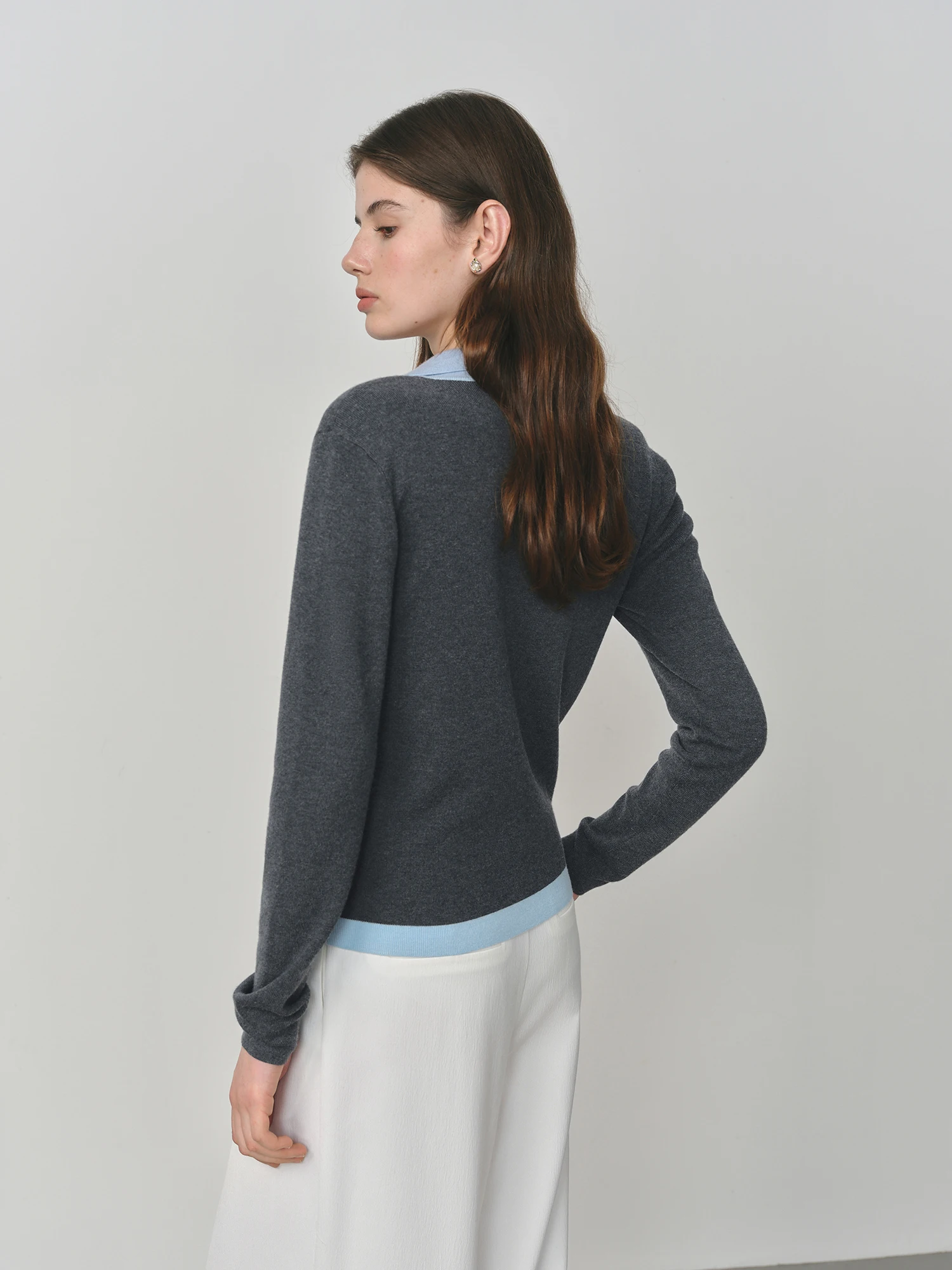 FSLE 2025 New Autumn Women's Knitted Sweater Color Block Barenia Style Fake Two-Pieces Turn Collar Vintage Cozy Cable Knit Top