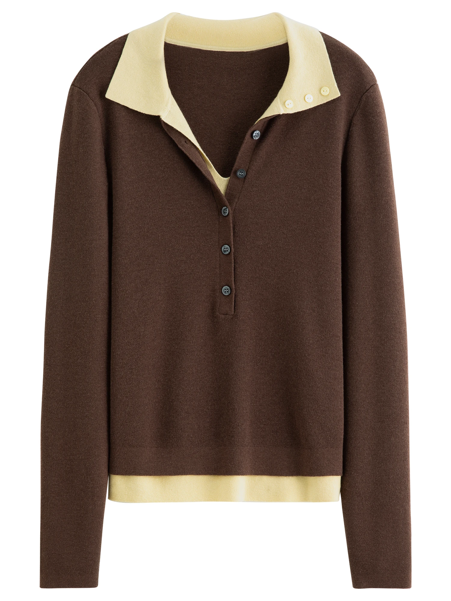 FSLE 2025 New Autumn Women's Knitted Sweater Color Block Barenia Style Fake Two-Pieces Turn Collar Vintage Cozy Cable Knit Top
