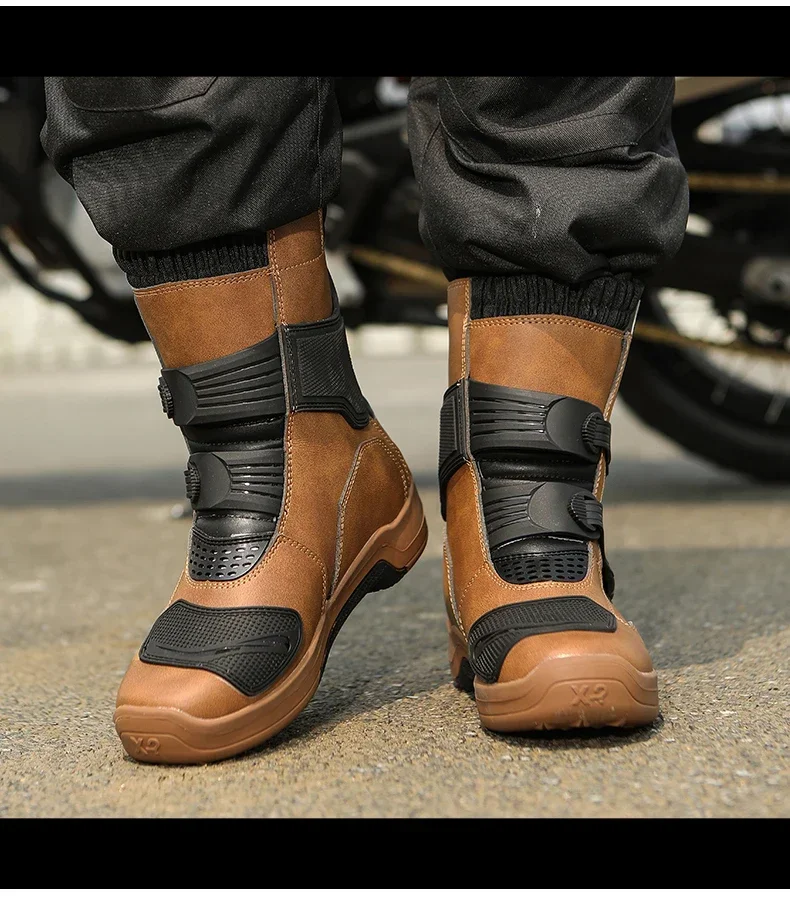 Men Riding Shoes Motorcycle Boots Waterproof Leather Motocross Boots Anti Slip Dirt Bike Off Road Racing Protective Shoes