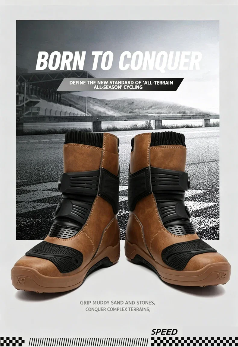Men Riding Shoes Motorcycle Boots Waterproof Leather Motocross Boots Anti Slip Dirt Bike Off Road Racing Protective Shoes
