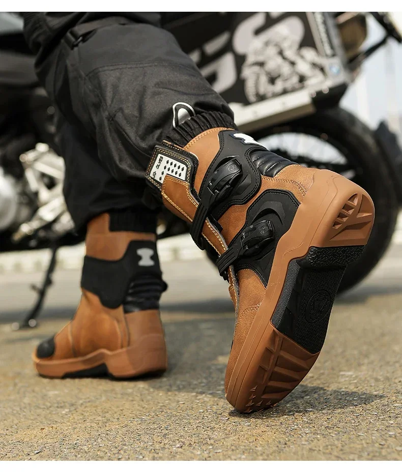 Men Riding Shoes Motorcycle Boots Waterproof Leather Motocross Boots Anti Slip Dirt Bike Off Road Racing Protective Shoes