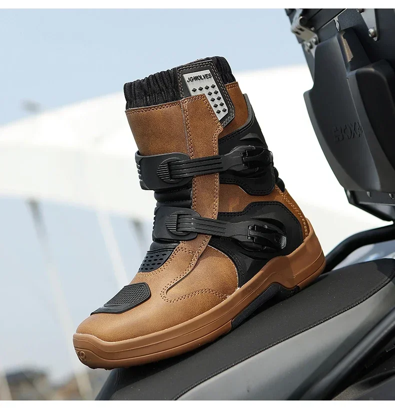 Men Riding Shoes Motorcycle Boots Waterproof Leather Motocross Boots Anti Slip Dirt Bike Off Road Racing Protective Shoes