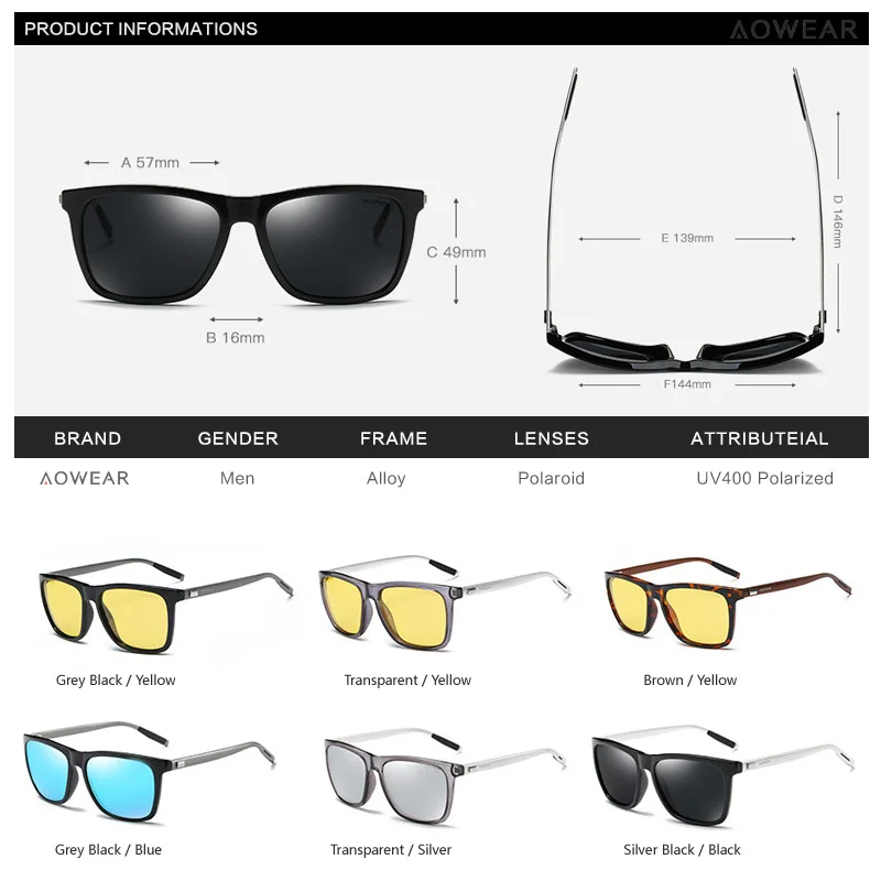 AOWEAR HD Night Vision Glasses Men Aluminium Yellow Lens Sunglasses Men Polarized Night Safe Driving Goggles Oculos Gafas De Sol