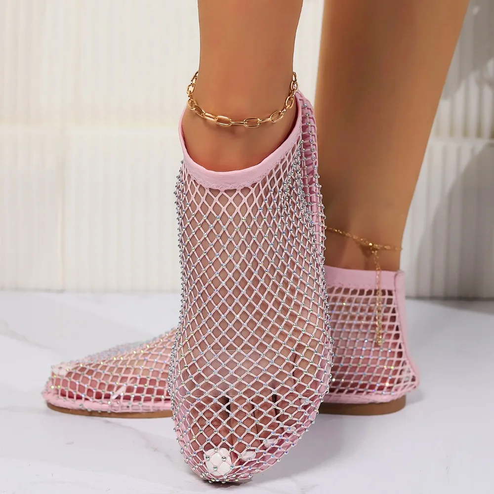 Round Toe Holiday Rhinestone Sandal Slipper Non-Slip Flat Shoes Mesh Seaside Sandals Waterproof Shiny Sexy Ankle Boot Outdoor