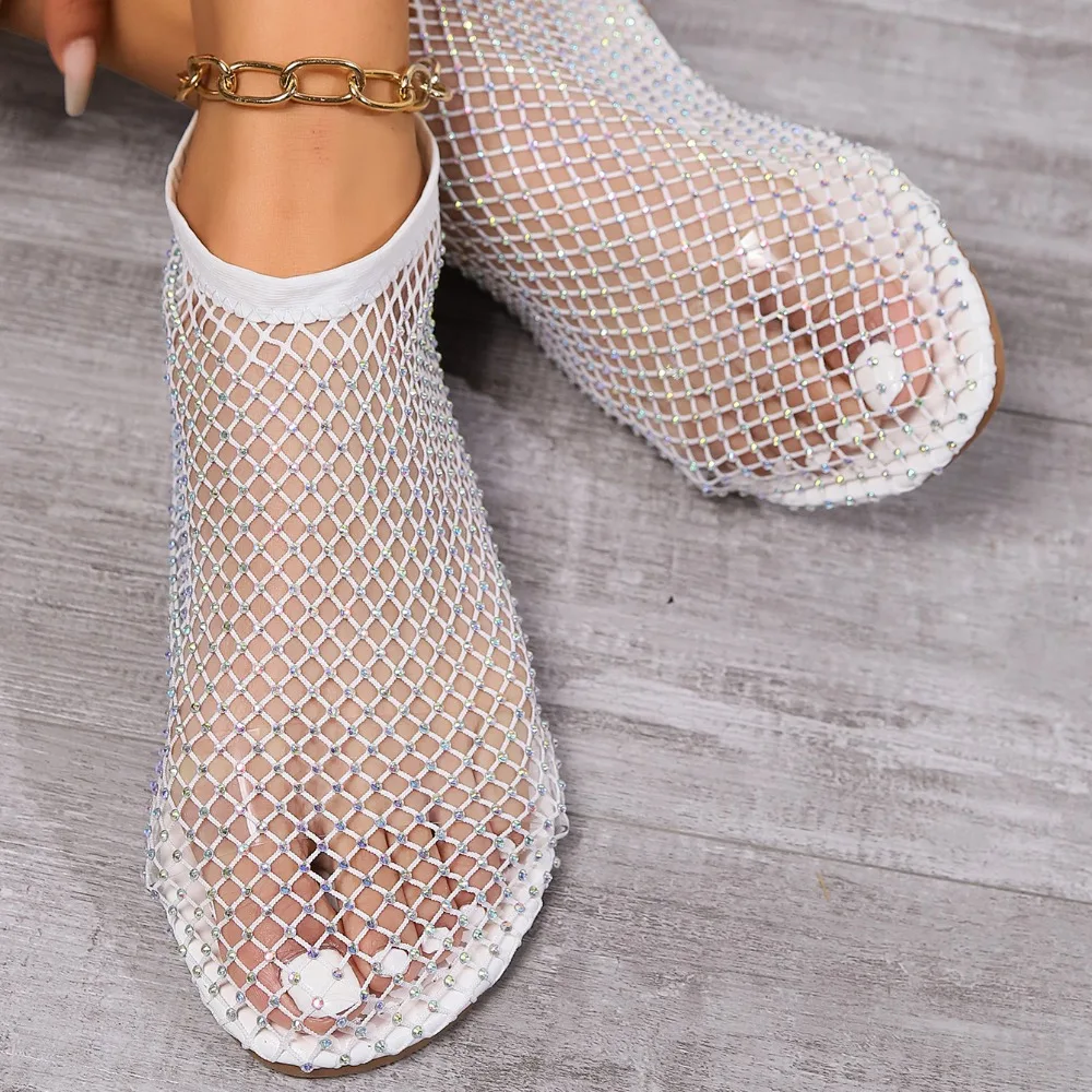 Round Toe Holiday Rhinestone Sandal Slipper Non-Slip Flat Shoes Mesh Seaside Sandals Waterproof Shiny Sexy Ankle Boot Outdoor