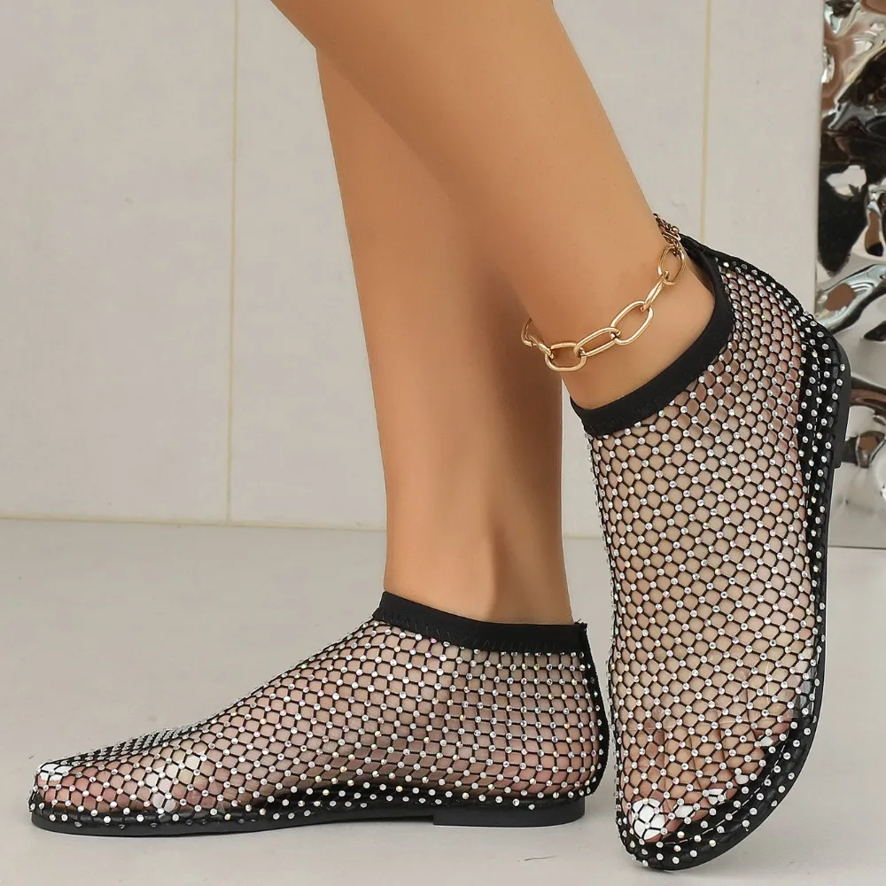 Round Toe Holiday Rhinestone Sandal Slipper Non-Slip Flat Shoes Mesh Seaside Sandals Waterproof Shiny Sexy Ankle Boot Outdoor
