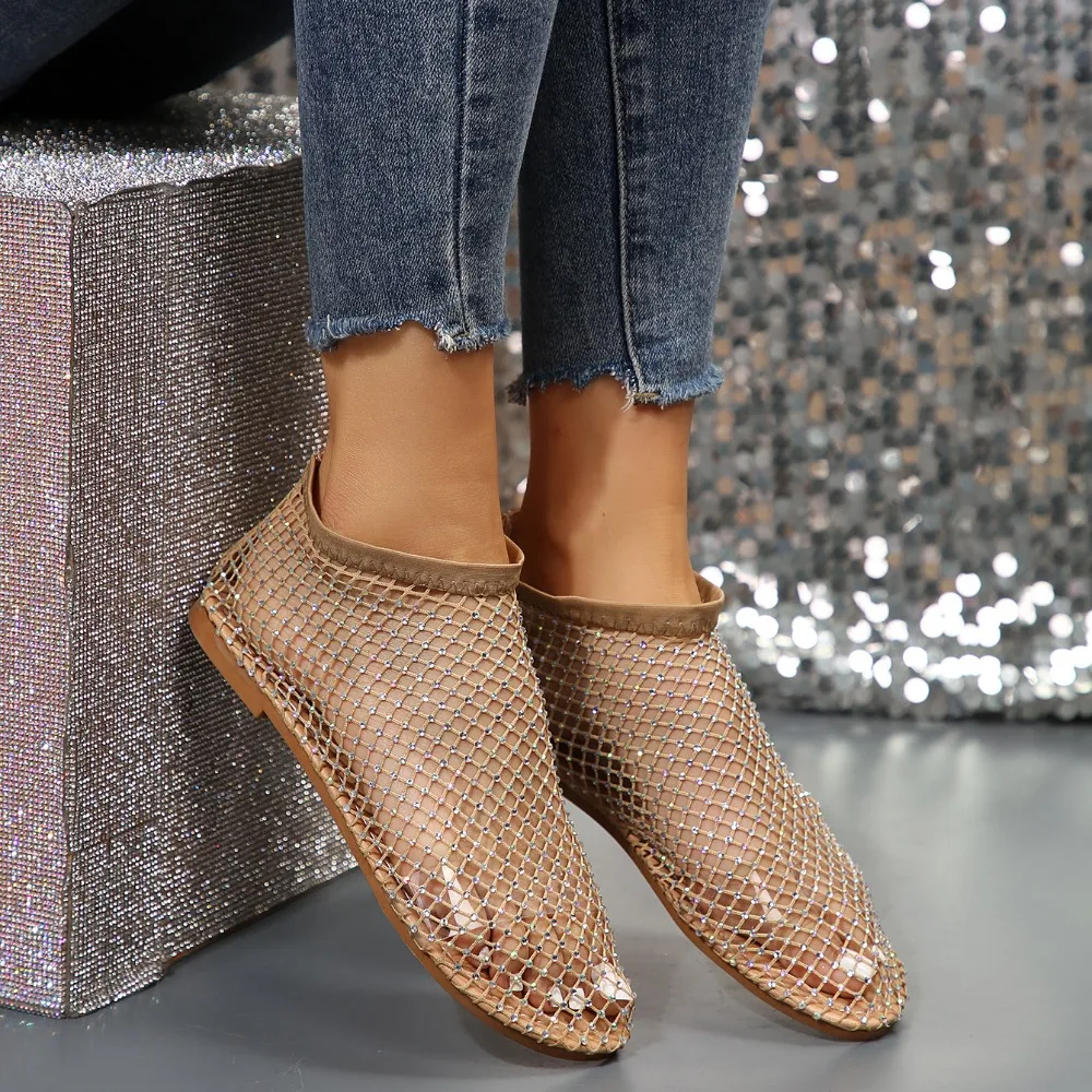 Round Toe Holiday Rhinestone Sandal Slipper Non-Slip Flat Shoes Mesh Seaside Sandals Waterproof Shiny Sexy Ankle Boot Outdoor