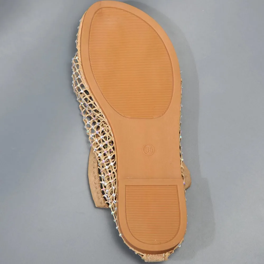 Round Toe Holiday Rhinestone Sandal Slipper Non-Slip Flat Shoes Mesh Seaside Sandals Waterproof Shiny Sexy Ankle Boot Outdoor