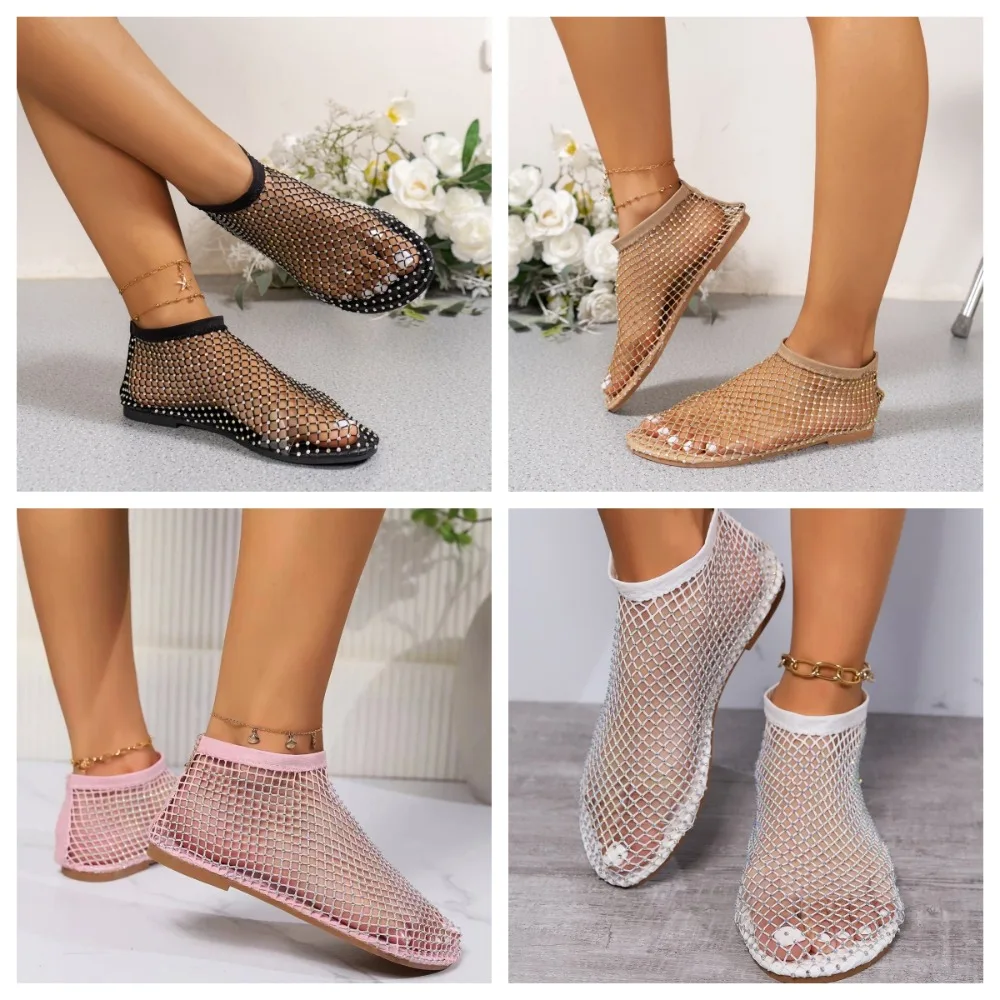 Round Toe Holiday Rhinestone Sandal Slipper Non-Slip Flat Shoes Mesh Seaside Sandals Waterproof Shiny Sexy Ankle Boot Outdoor