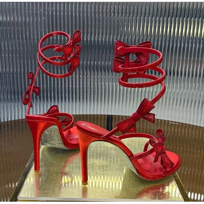 Luxury Rhinestones Mesh Bowknot Snake Coiled Women Gladiator Sandals Sexy Narrow band Thin High heels Summer Wedding Party Shoes