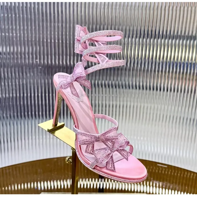 Luxury Rhinestones Mesh Bowknot Snake Coiled Women Gladiator Sandals Sexy Narrow band Thin High heels Summer Wedding Party Shoes