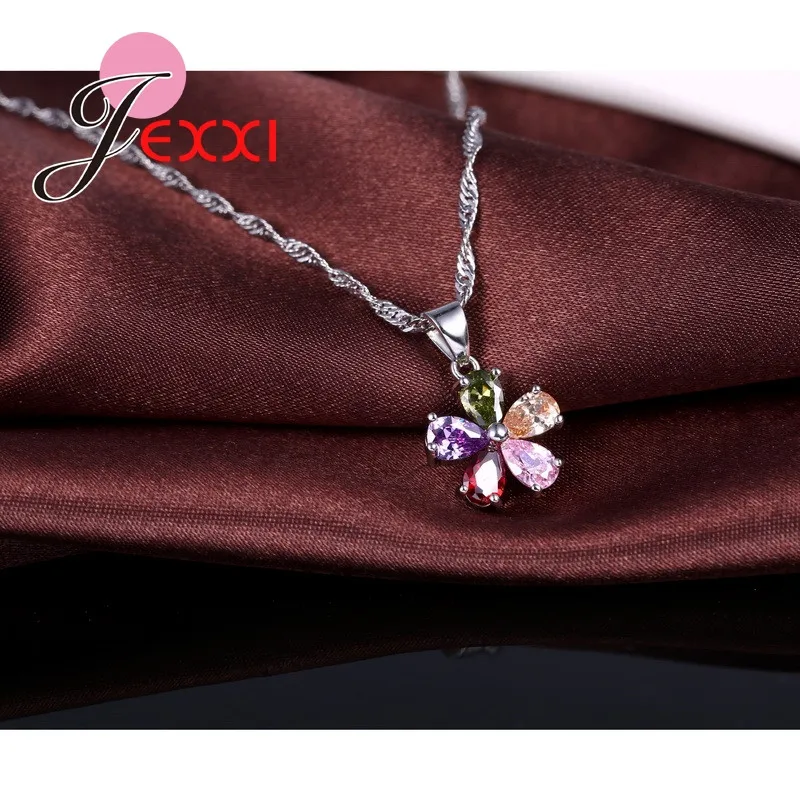 Shinning Flower Colorful CZ Crystal Pendant Jewelry Sets 925 Sterling Silver Pendant Necklace + Dangle/Hoop Earring Sets
