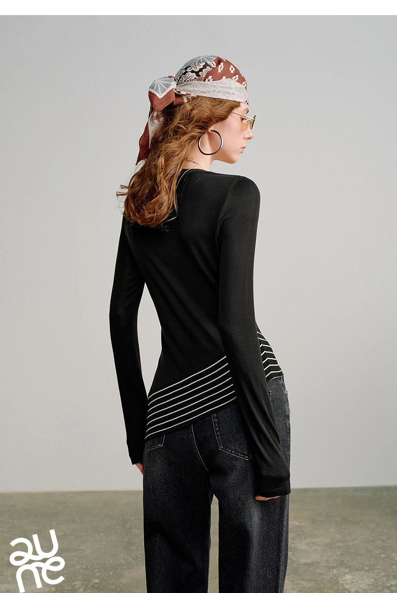 TOYOUTH Women Wool Blend T-Shirts 2026 Spring New Black Slim Fit Striped Asymmetric Hem Blouses