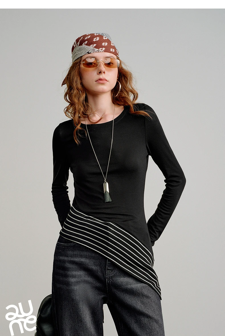 TOYOUTH Women Wool Blend T-Shirts 2026 Spring New Black Slim Fit Striped Asymmetric Hem Blouses
