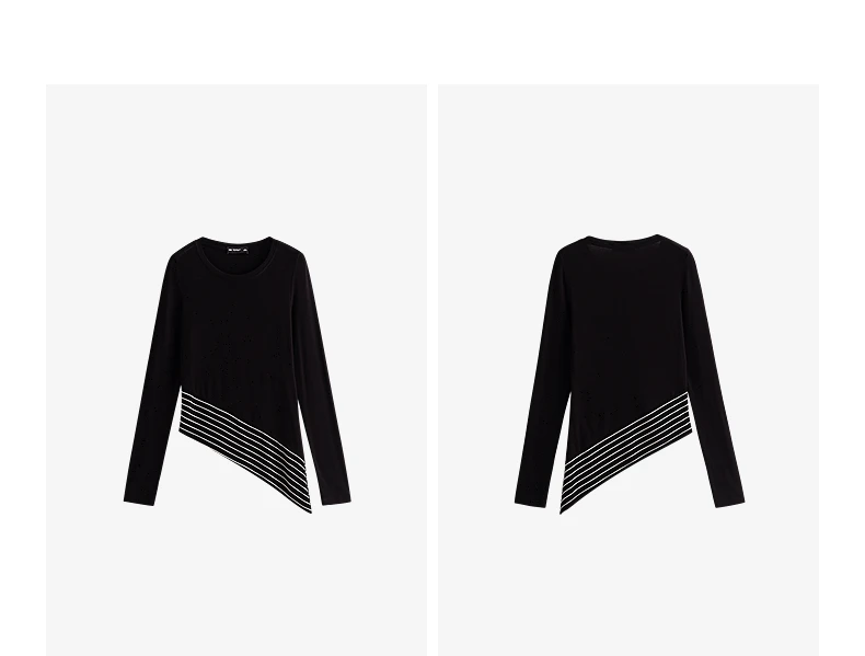 TOYOUTH Women Wool Blend T-Shirts 2026 Spring New Black Slim Fit Striped Asymmetric Hem Blouses