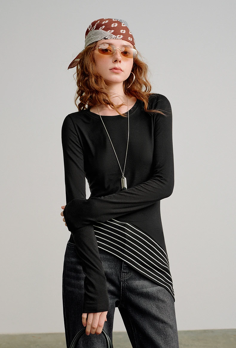 TOYOUTH Women Wool Blend T-Shirts 2026 Spring New Black Slim Fit Striped Asymmetric Hem Blouses
