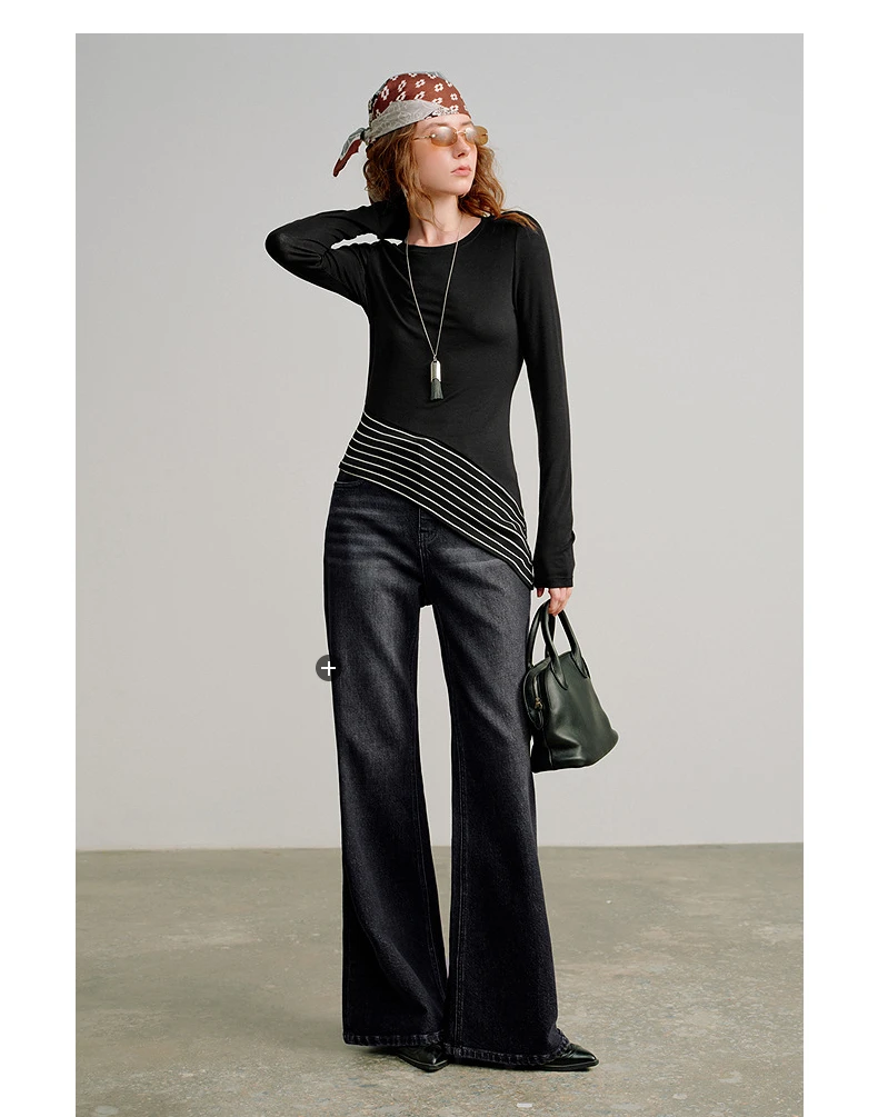 TOYOUTH Women Wool Blend T-Shirts 2026 Spring New Black Slim Fit Striped Asymmetric Hem Blouses