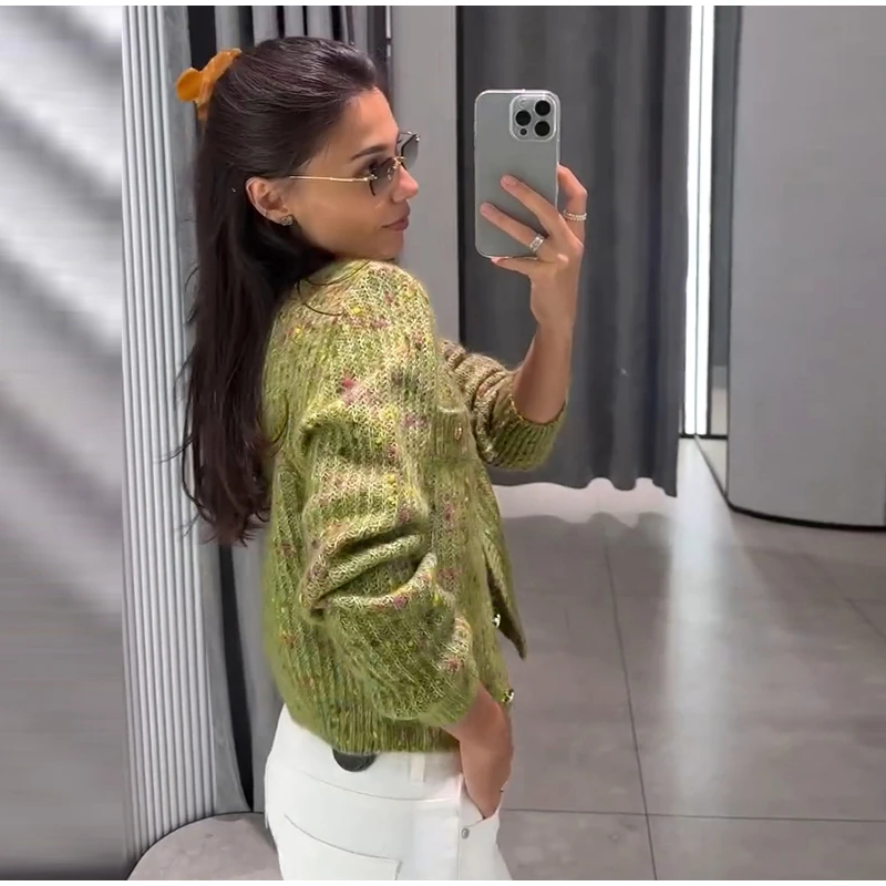 Knitted Jacquard Cardigans 2026 Autumn New Female Casual Stand Collar Full Sleeve Sweater Coats Women's Loose Printing Knitwear