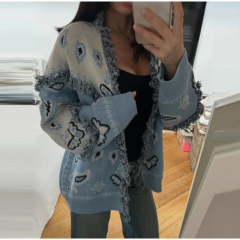 Knitted Jacquard Cardigans 2026 Autumn New Female Casual Stand Collar Full Sleeve Sweater Coats Women's Loose Printing Knitwear