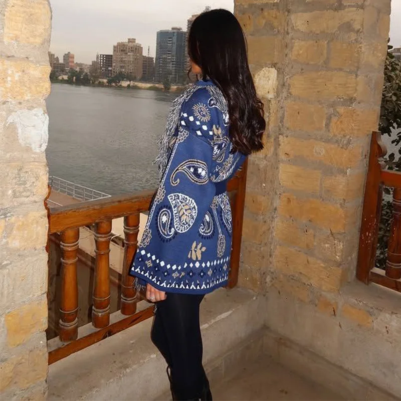 Knitted Jacquard Cardigans 2026 Autumn New Female Casual Stand Collar Full Sleeve Sweater Coats Women's Loose Printing Knitwear