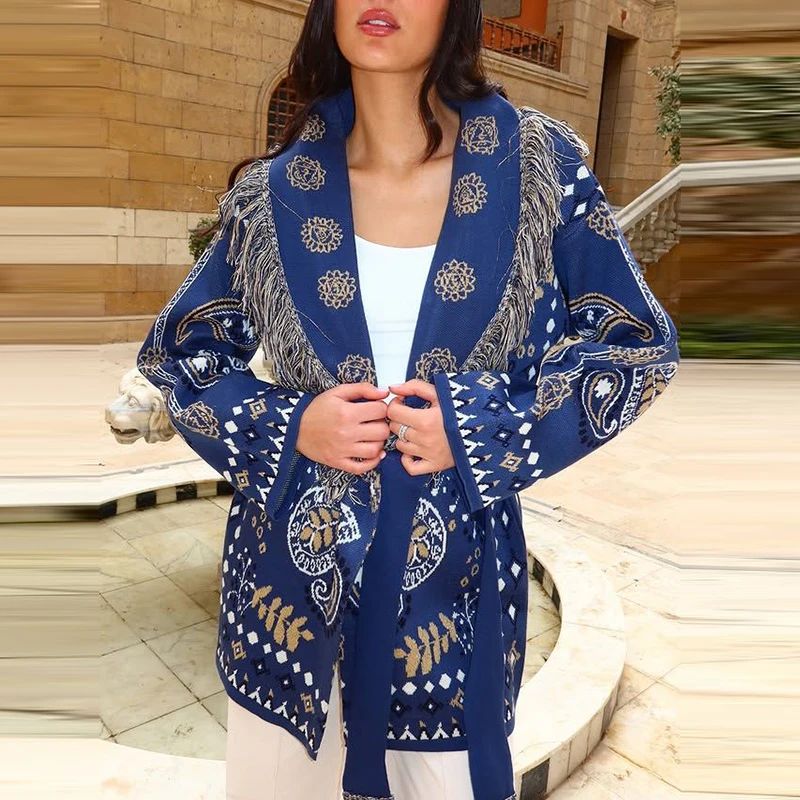 Knitted Jacquard Cardigans 2026 Autumn New Female Casual Stand Collar Full Sleeve Sweater Coats Women's Loose Printing Knitwear