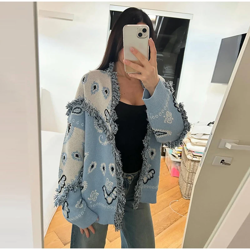 Knitted Jacquard Cardigans 2026 Autumn New Female Casual Stand Collar Full Sleeve Sweater Coats Women's Loose Printing Knitwear